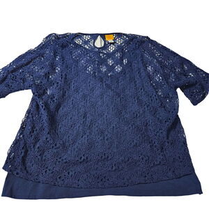 Ruby Rd Blue Size 24W Cotton Blend Crotchet Pullover Stretch Knit Pullover